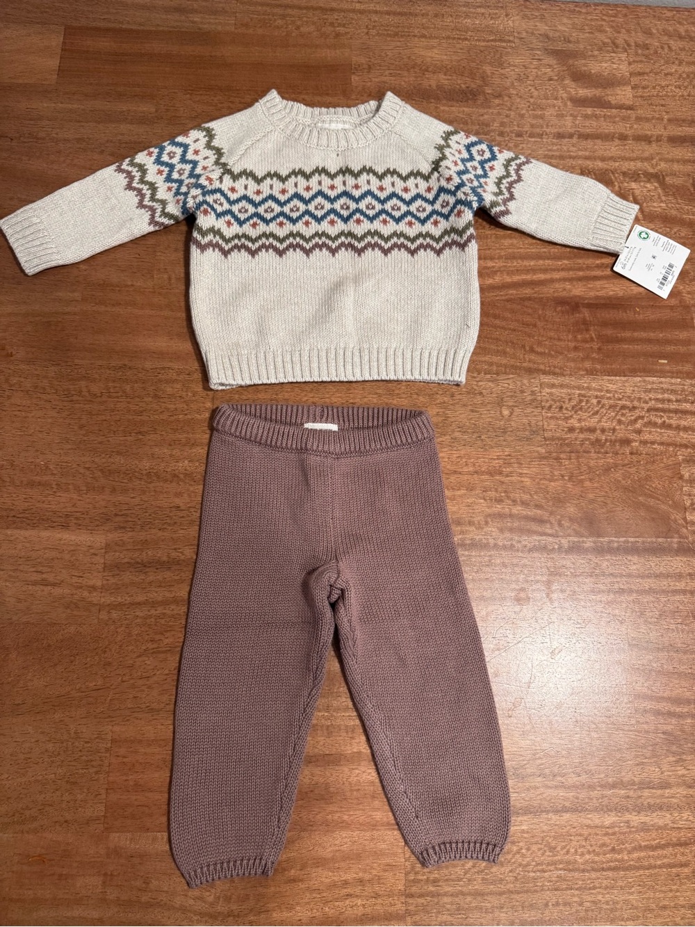 Cozy Knit Fair Isle Sweater & Pants Set - Cream Sweater with Mauve Pants